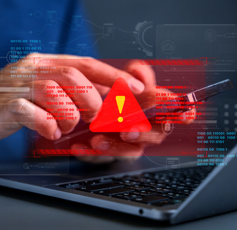 People with warning notification and spam message icon on laptop.